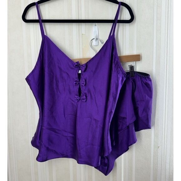 Vtg Laura Gayle Purple Cami‎ Tulip Short Set Bows Glossy Satin Sleep Sexy 2X XXL - Picture 1 of 12